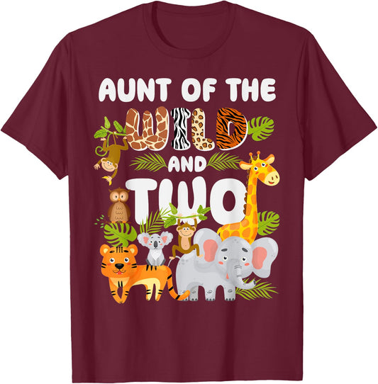 Aunt of the Wild Two Zoo 2nd Birthday Safari Jungle Animal T-Shirt - T-Shirt | Maroon