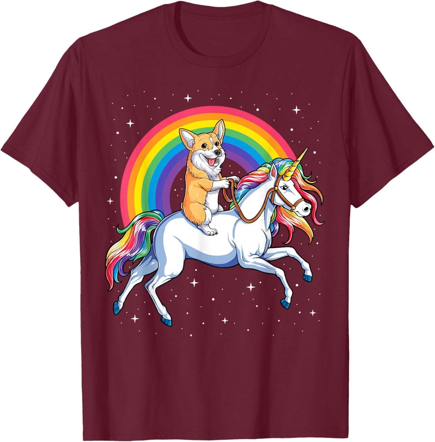 Corgi Riding Unicorn Girls Kids Rainbow Gifts Space Galaxy T-Shirt - T-Shirt | Maroon