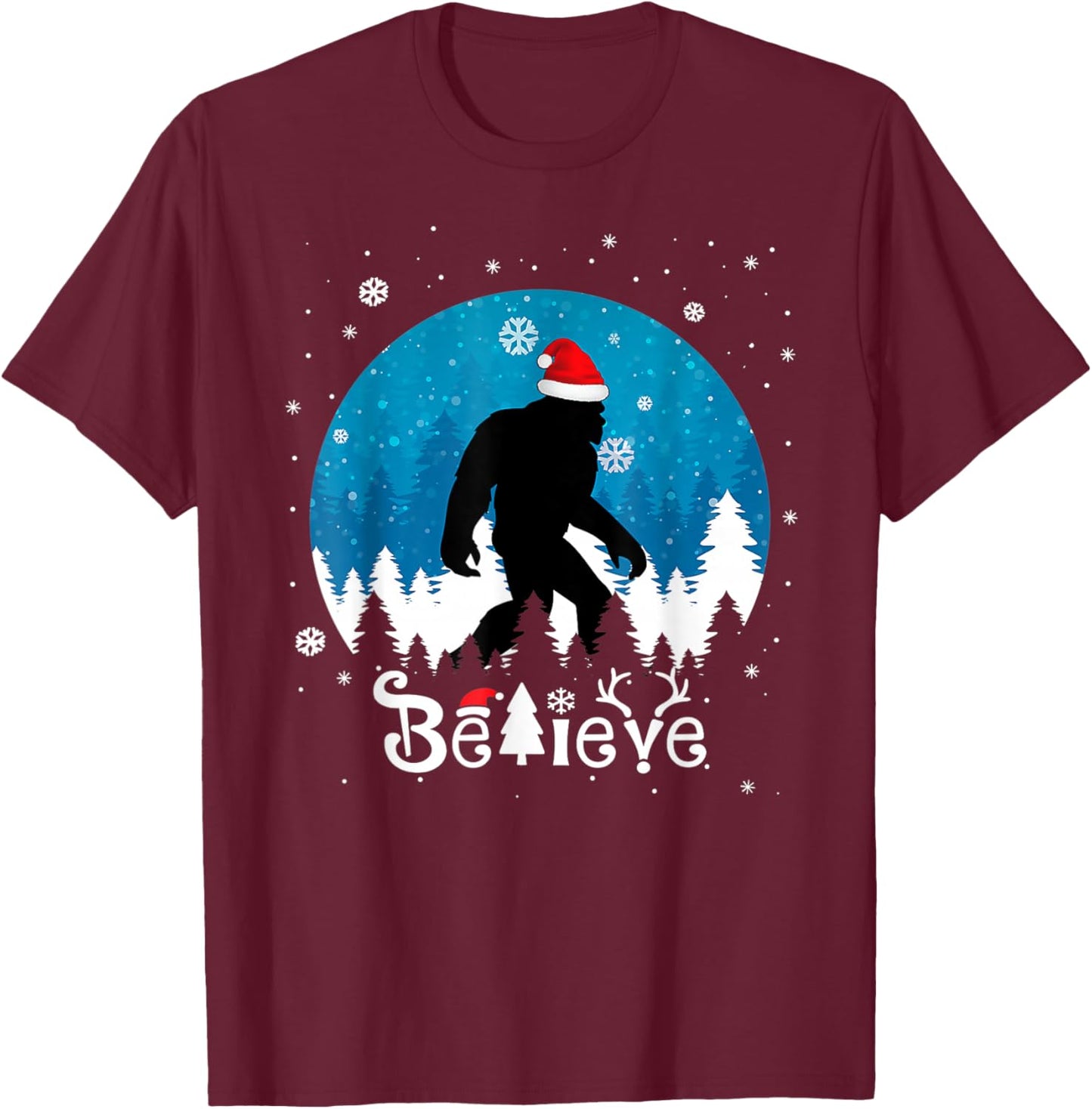 Funny Christmas Xmas Bigfoot Believe Sasquatch In Moon Light T-Shirt - T-Shirt | Maroon