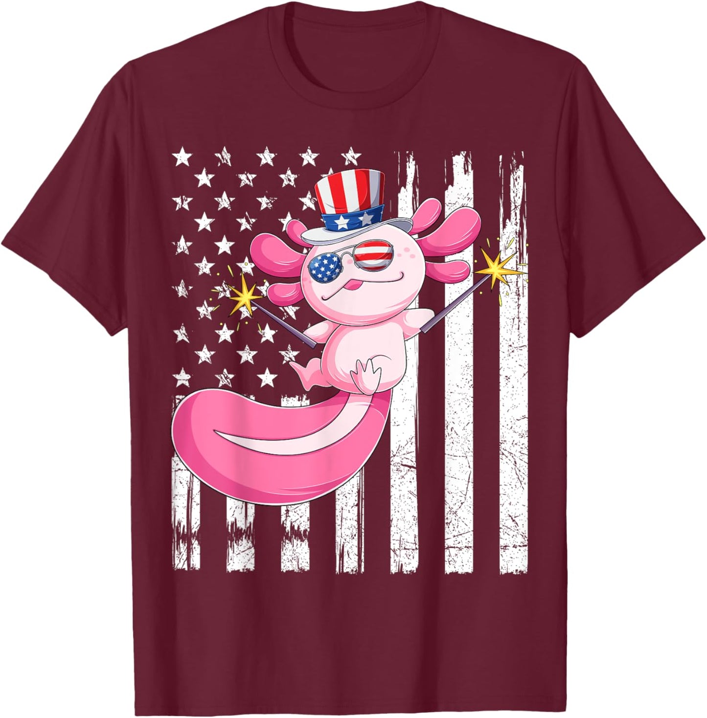 American Axolotl 4th Of July US Flag Patriotic Axolotl USA Women Kids Men T-Shirt - T-Shirt | Maroon