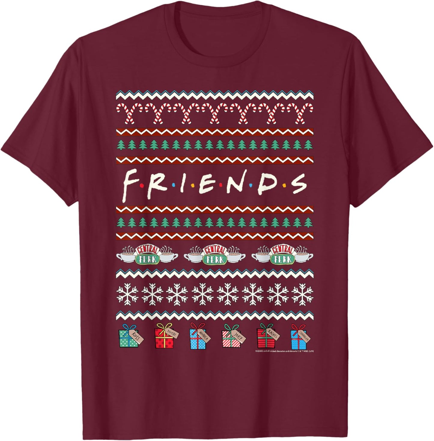 Friends Christmas Logo Ugly Sweater Style T-Shirt - T-Shirt | Maroon