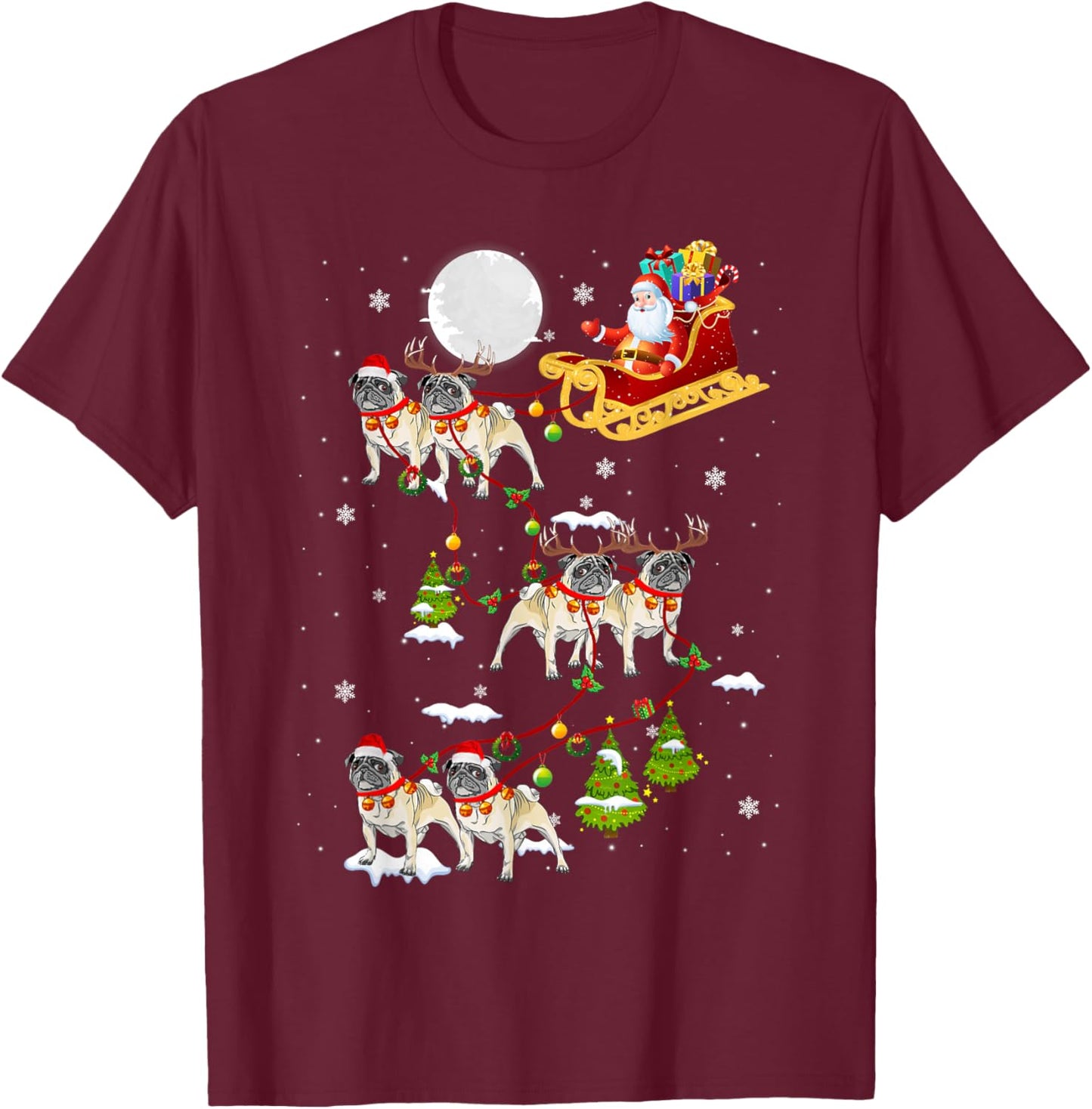 Santa Riding Pug Sleigh Christmas Pug Reindeer T-Shirt - T-Shirt | Maroon