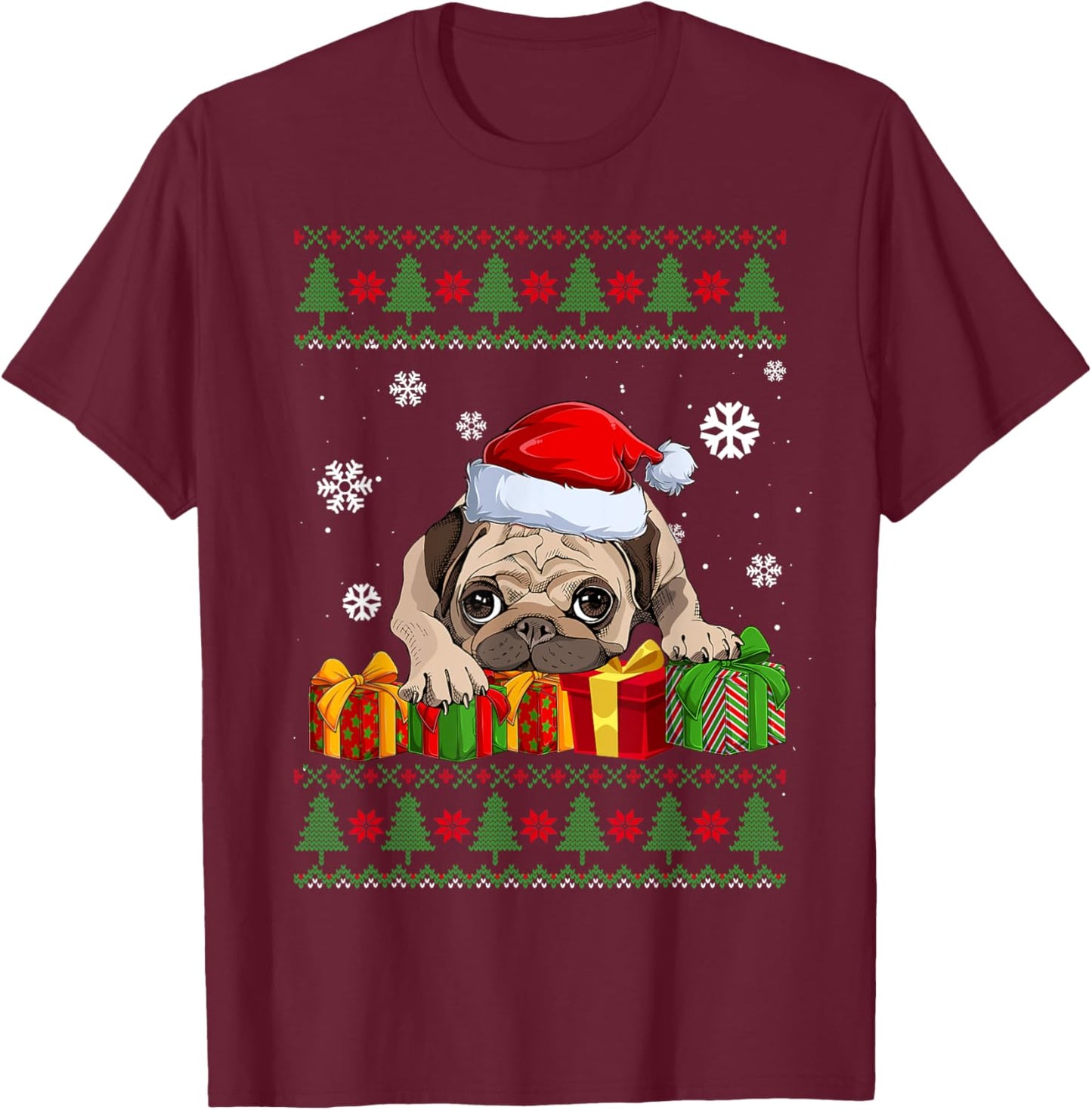 Funny Dog lovers Cute Pug Santa Hat Ugly Christmas Sweater T-Shirt - T-Shirt | Maroon