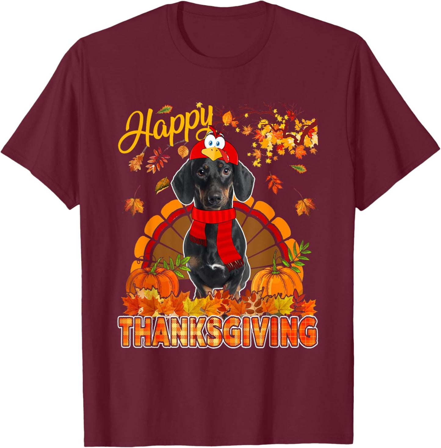 Thanksgiving Dachshund Wearing Turkey Costume Fall Leaves T-Shirt - T-Shirt | Maroon