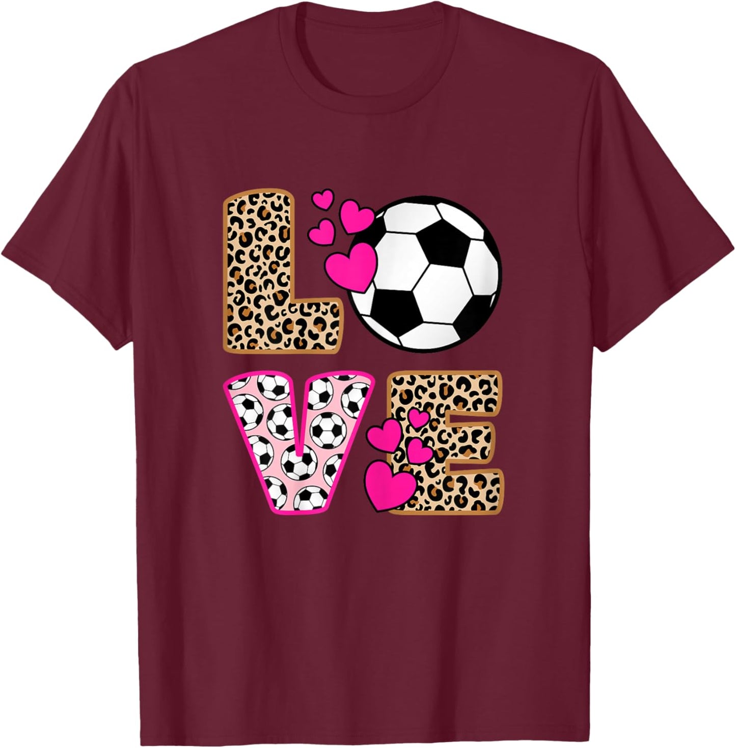 Cute Love Soccer Leopard Print Women Girls Soccer T-Shirt - T-Shirt | Maroon