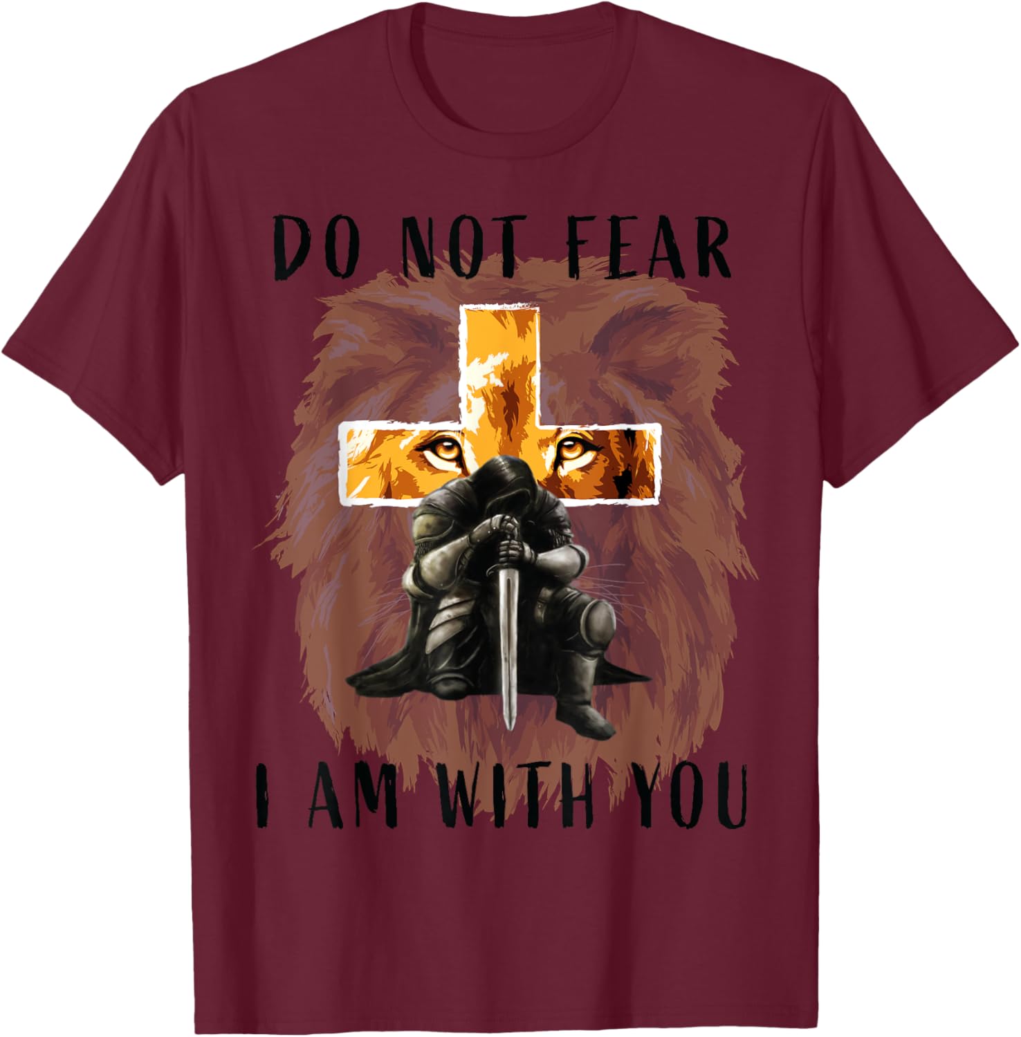 Christian Bible Verse Men Lion Faith Fear Religious T-Shirt - T-Shirt | Maroon