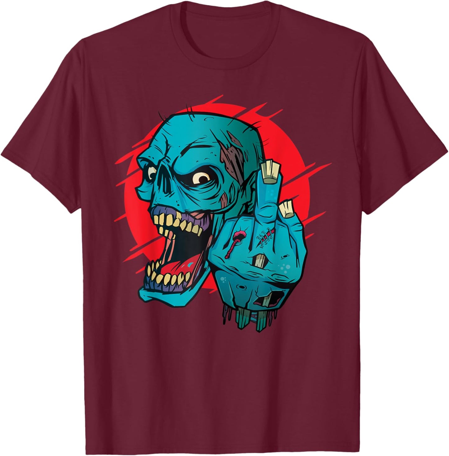 Not-so-subtle F-Off Zombie Flipping the bird Graphic T-Shirt - T-Shirt | Maroon