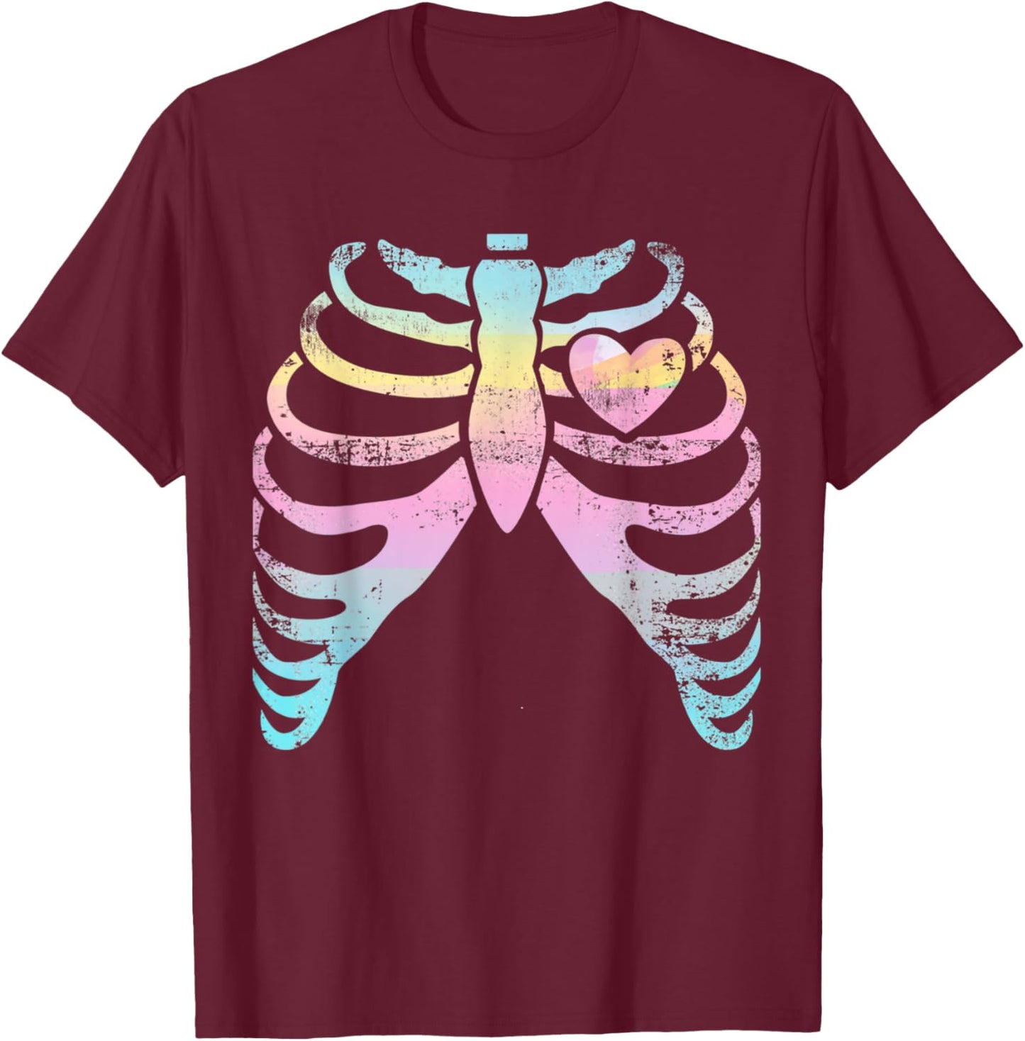 Menhera Kei Kawaii Pastel Goth Aesthetic Rib Cage & Heart T-Shirt - T-Shirt | Maroon