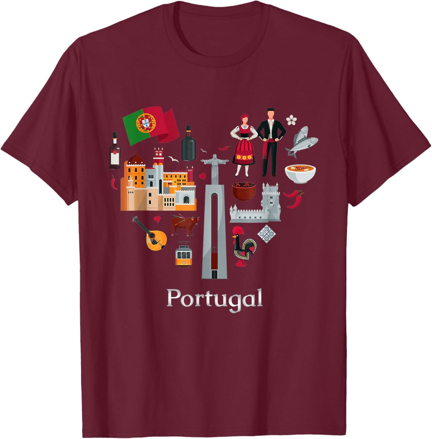 I Love Portugal Lisbon Map Iconic Traditional Souvenir Gift T-Shirt - T-Shirt | Maroon