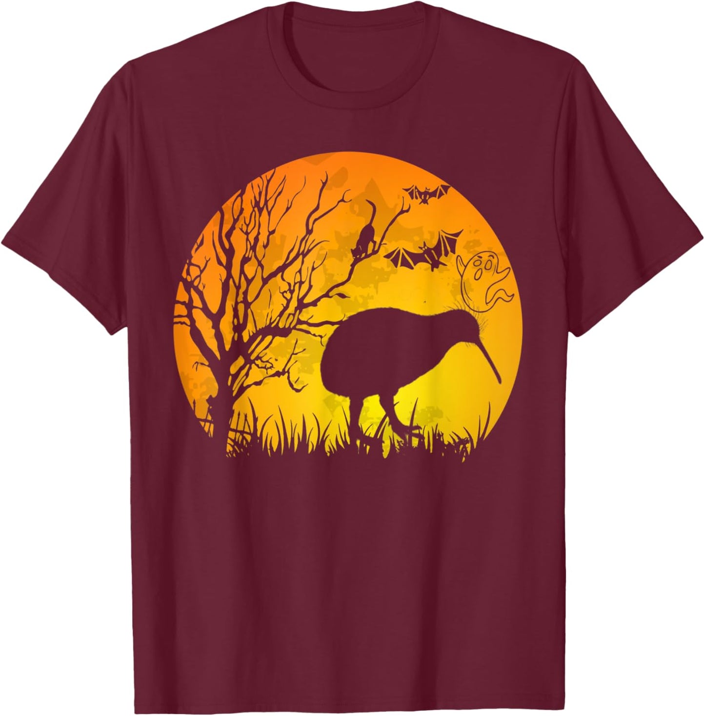 Halloween Kiwi Bird With Moon Bats Cat Halloween Costume T-Shirt - T-Shirt | Maroon