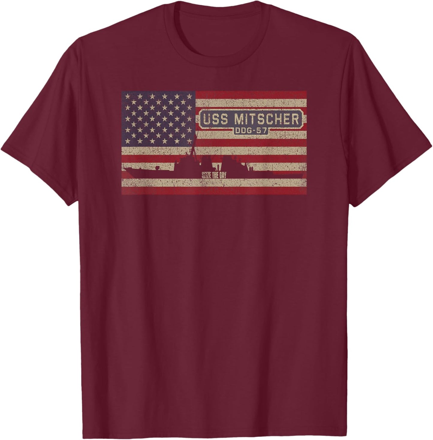 USS Mitscher DDG-57 Destroyer Ship USA American Flag T-Shirt - T-Shirt | Maroon