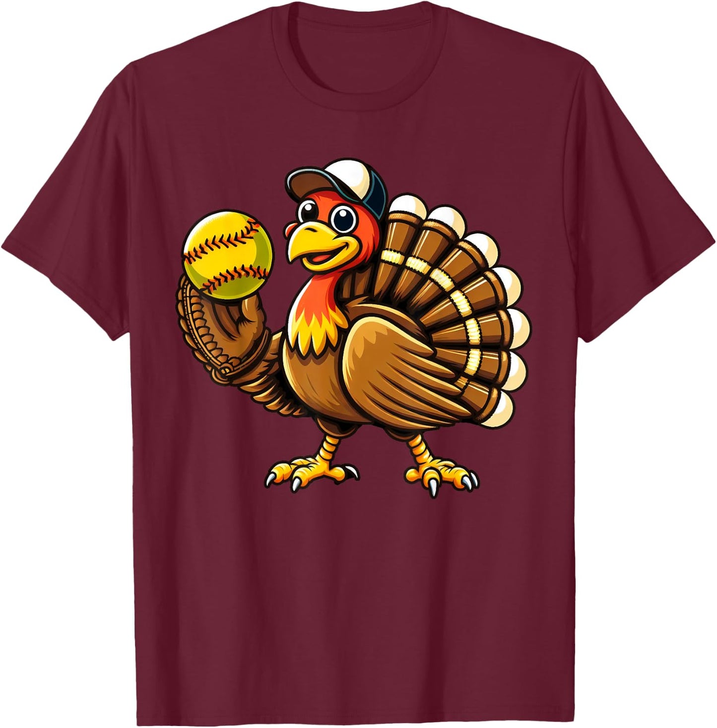 Turkey Softball Thanksgiving Turkey Playing Softball Turkey T-Shirt - T-Shirt | Maroon