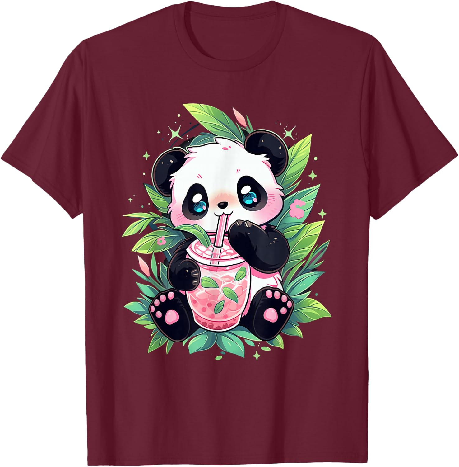 Cute Panda Drinking Bubble Tea Milk Anime Kawaii T-Shirt - T-Shirt | Maroon