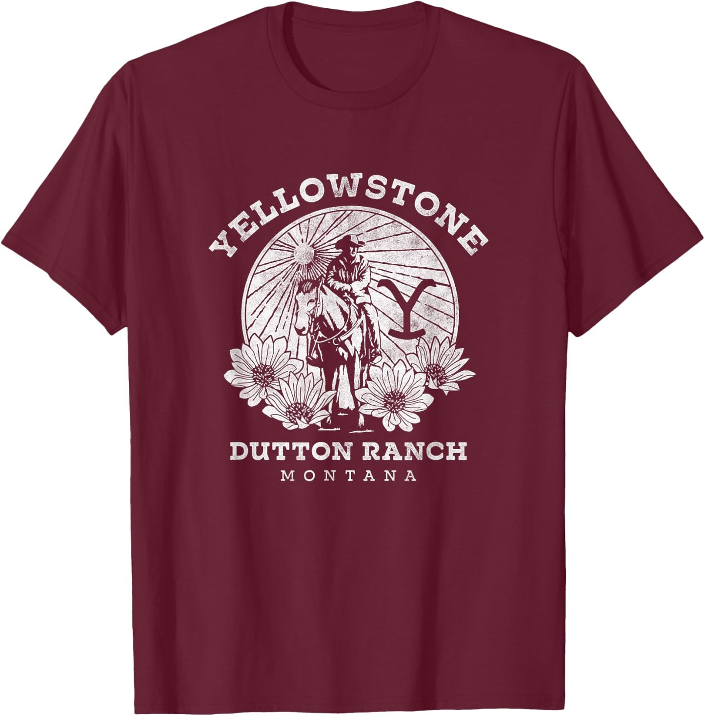 Yellowstone Dutton Ranch Montana Distressed Floral Portrait T-Shirt - T-Shirt | Maroon