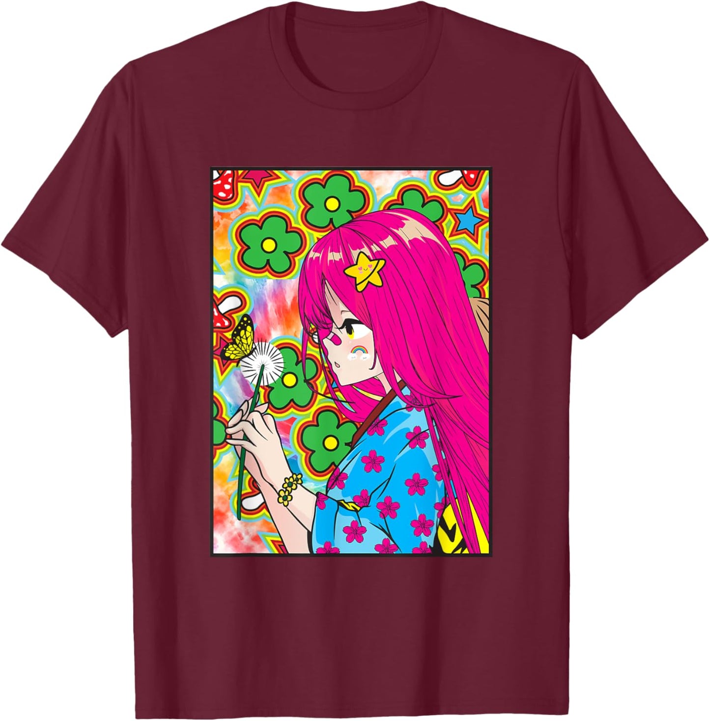 Kidcore Aesthetic Japanese Anime Girl Kawaii Flowers Old T-Shirt - T-Shirt | Maroon