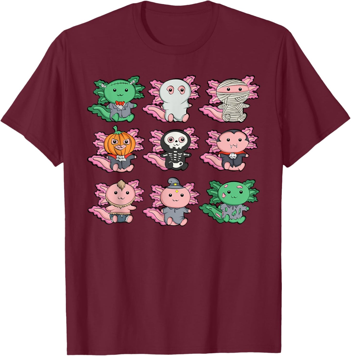 Cute Axolotl Halloween Ghost Mummy Pumpkin Zombie Costume T-Shirt - T-Shirt | Maroon