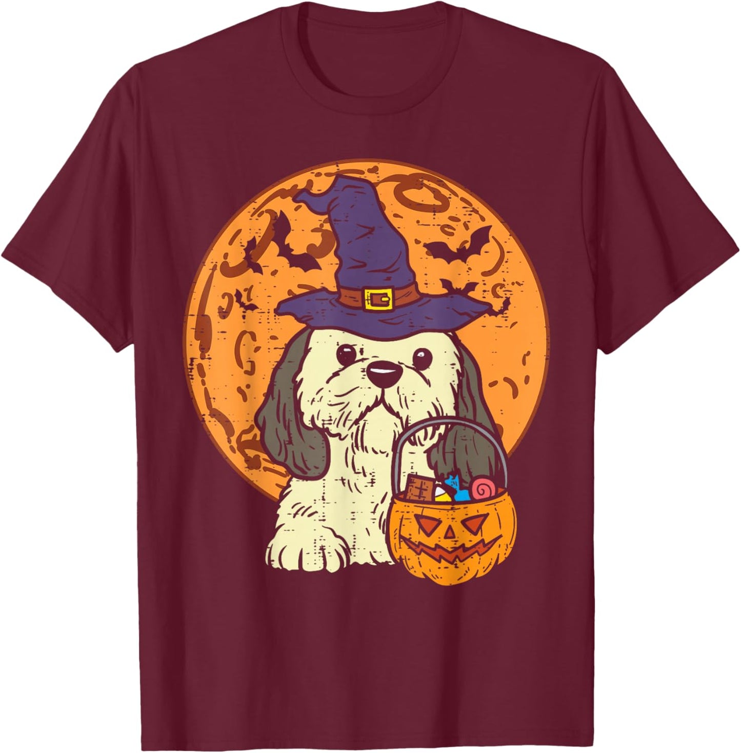 Shih Tzu Witch Moon Jack O Lantern Halloween Dog Men Women T-Shirt - T-Shirt | Maroon