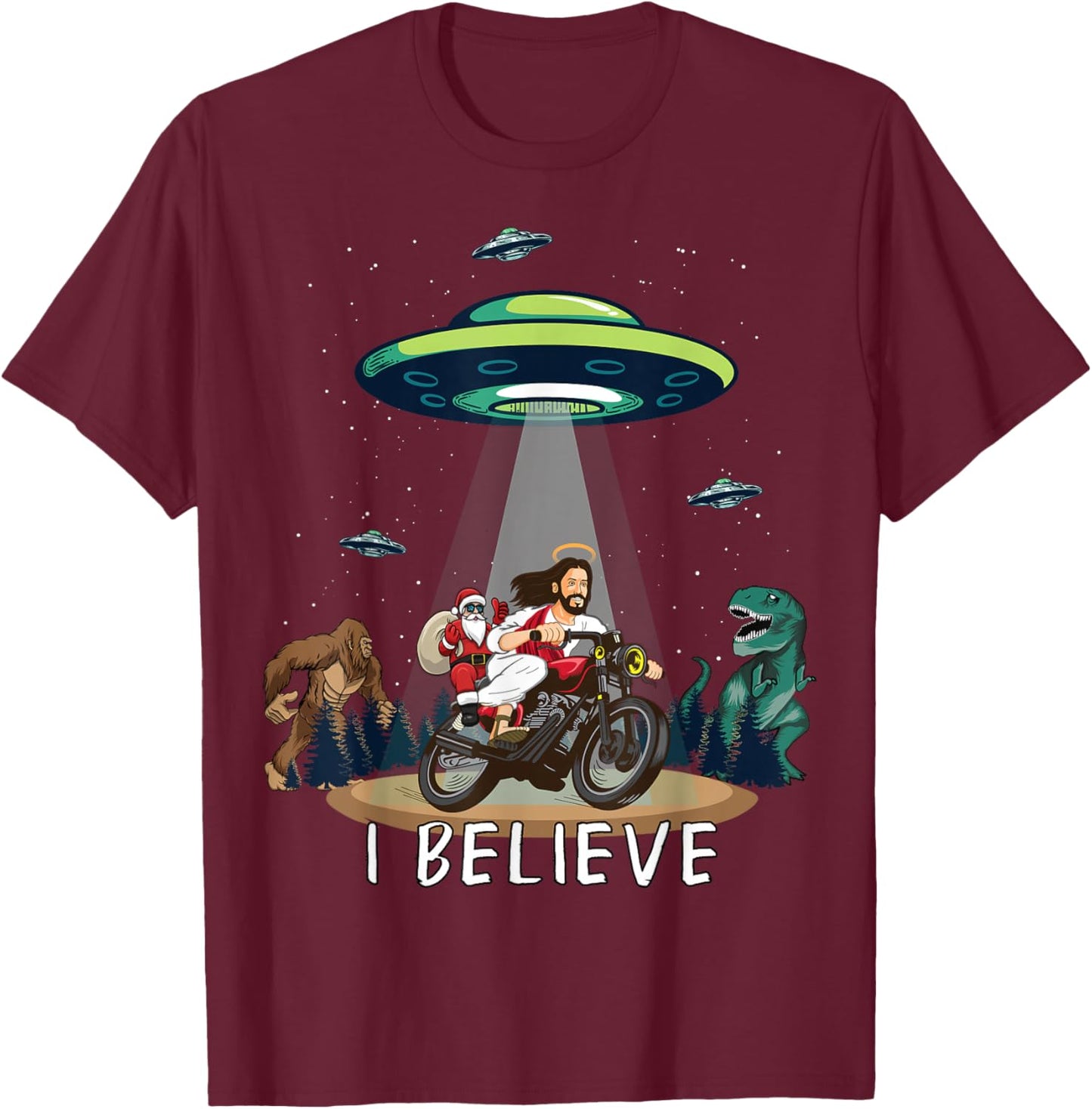 Believe Bigfoot Dinosaur Santa & Jesus Riding Bike Christmas T-Shirt - T-Shirt | Maroon