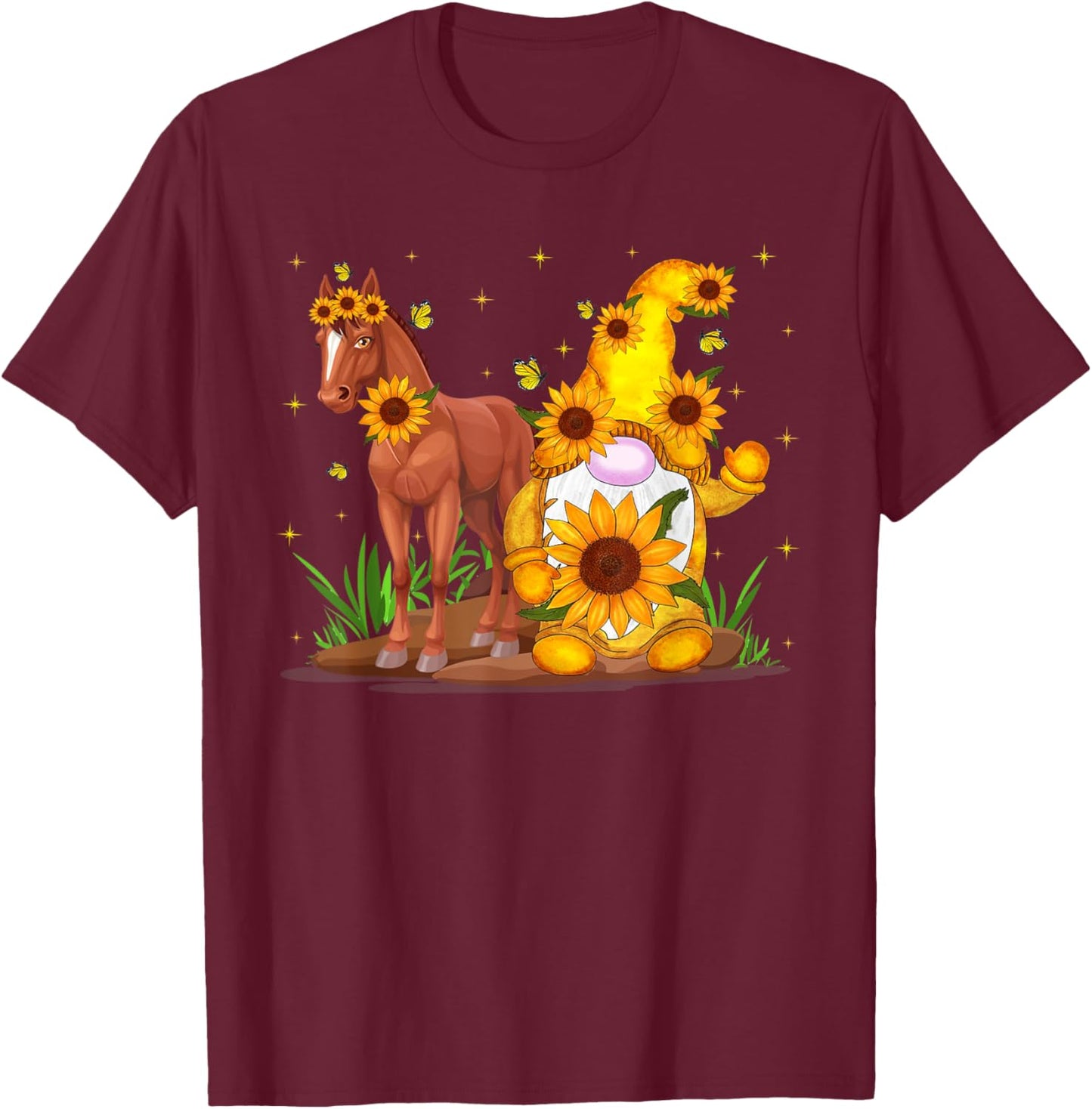 Cute Gnome and Horse Sunflower Funny Gnome Horse Builder T-Shirt - T-Shirt | Maroon