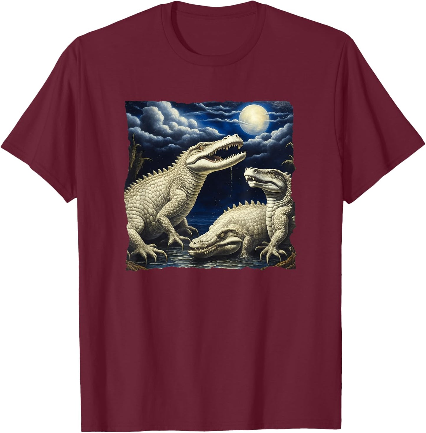 Three Albino Alligators Basking under the Moon T-Shirt - T-Shirt | Maroon