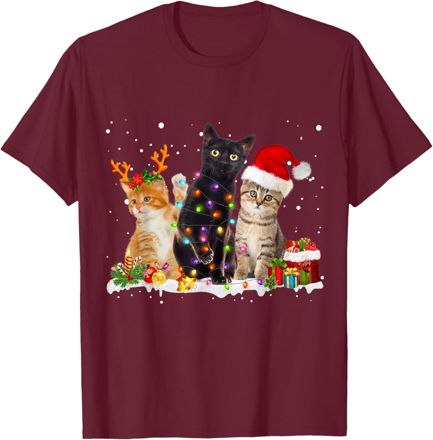 Santa Cat Light Gorgeous Reindeer Pajama Christmas Cat Lover T-Shirt - T-Shirt | Maroon