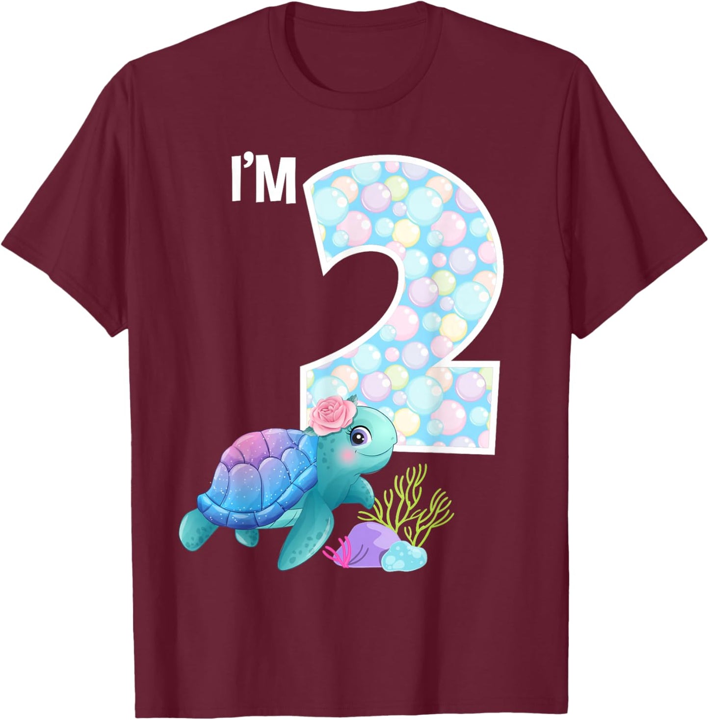 Sea Turtle Birthday I'm 2 Ocean Aquarium Theme 2nd Birthday T-Shirt - T-Shirt | Maroon