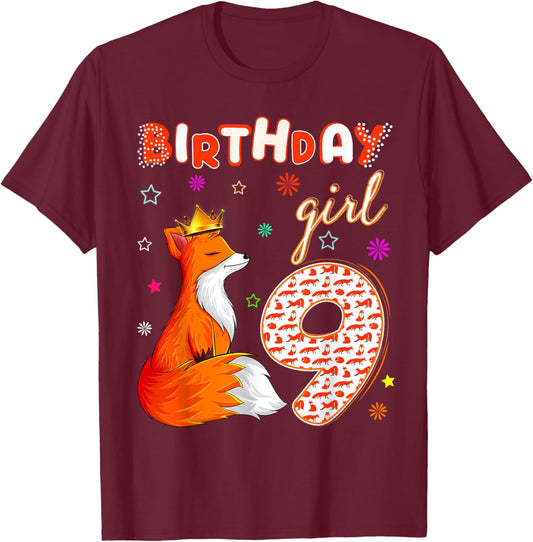 Animal Lovers 9th Birthday Girl Fox B-day 9 year old T-Shirt - T-Shirt | Maroon