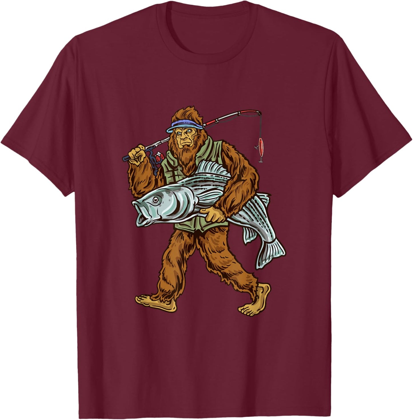 Striper Fishing Bigfoot Striped Bass Fishermen T-Shirt - T-Shirt | Maroon
