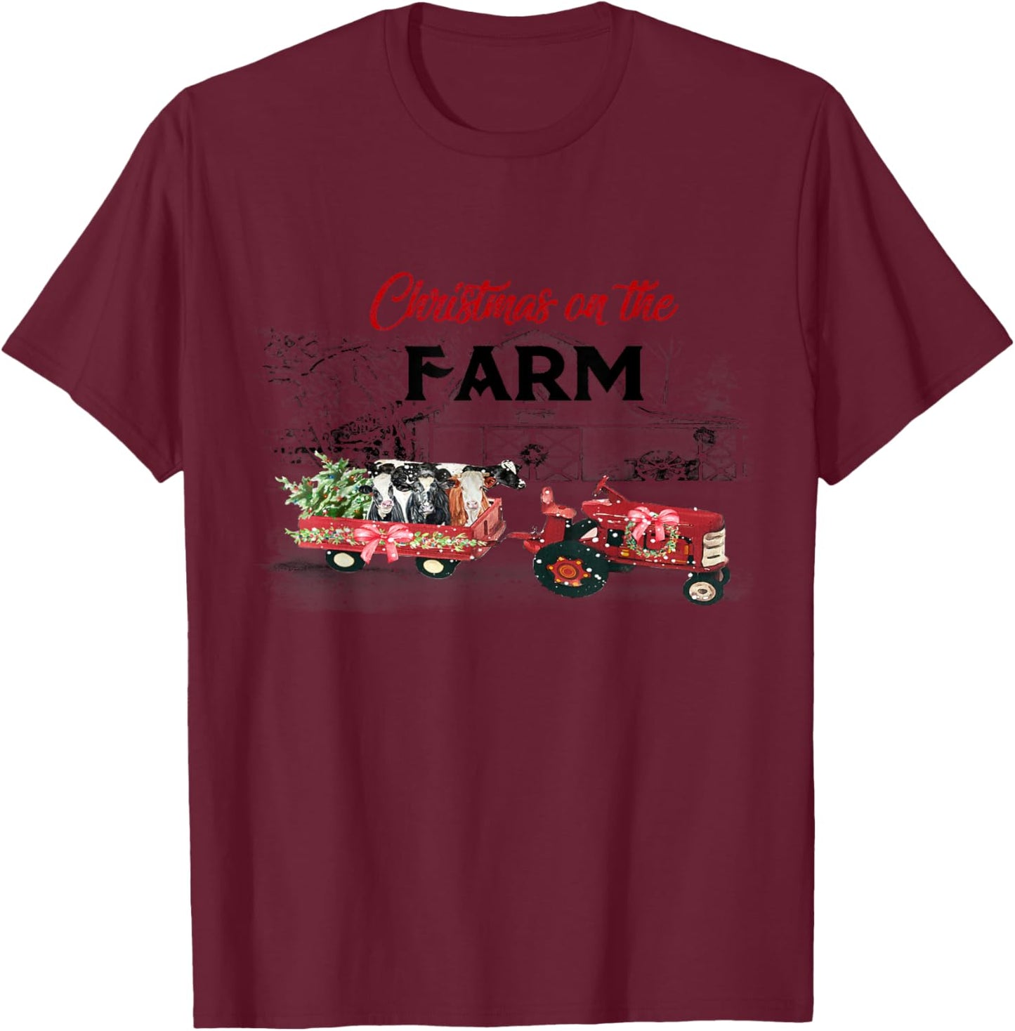 Cow Red Truck Christmas On The Farm T-Shirt - T-Shirt | Maroon