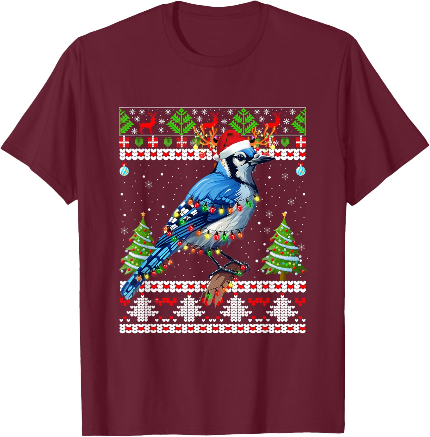 Xmas Lights Ugly Sweater Style Santa Blue Jay Bird Christmas T-Shirt - T-Shirt | Maroon