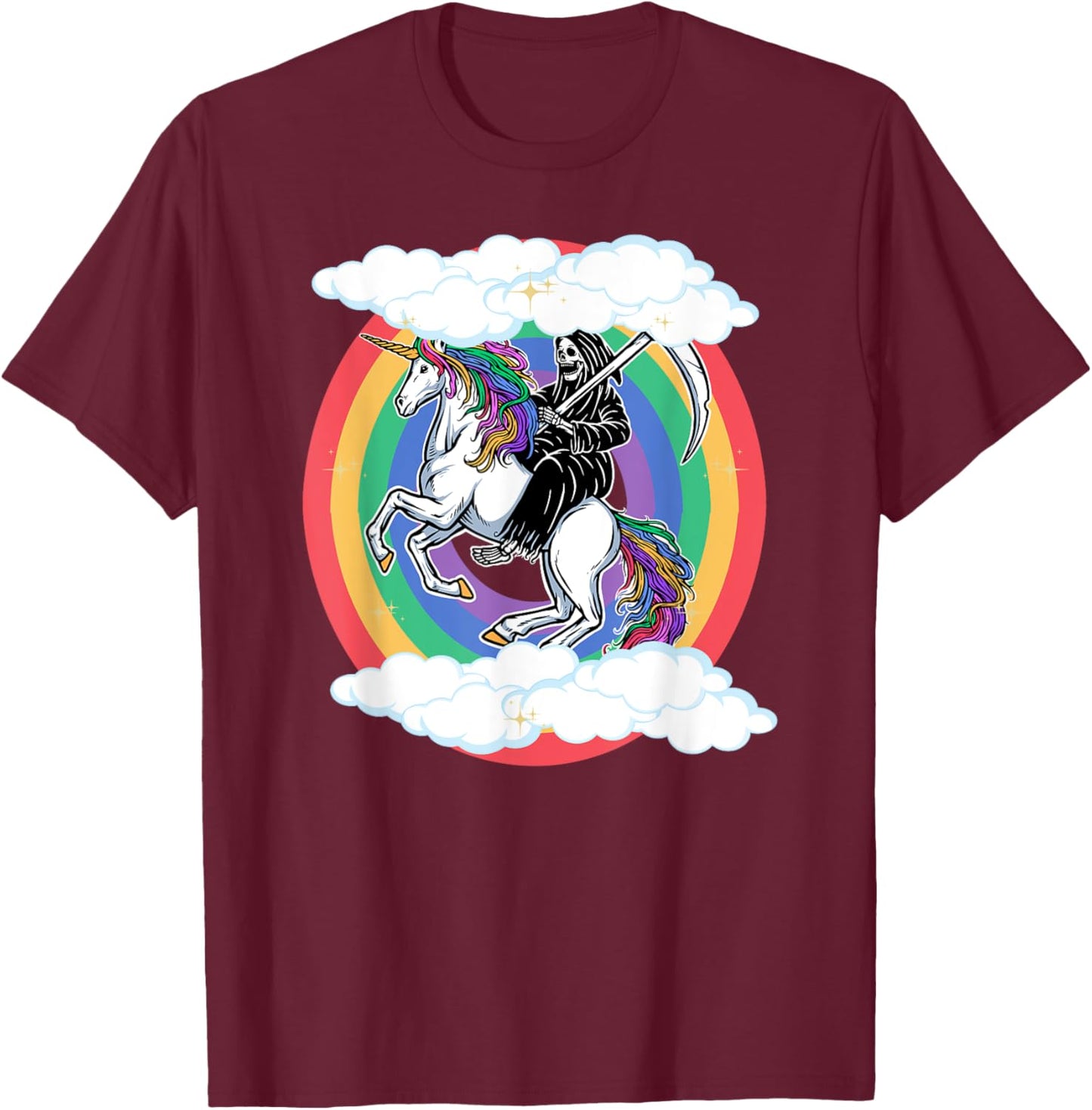 Skeleton Riding Unicorn Funny Unicorns Rainbow Lover Graphic T-Shirt - T-Shirt | Maroon