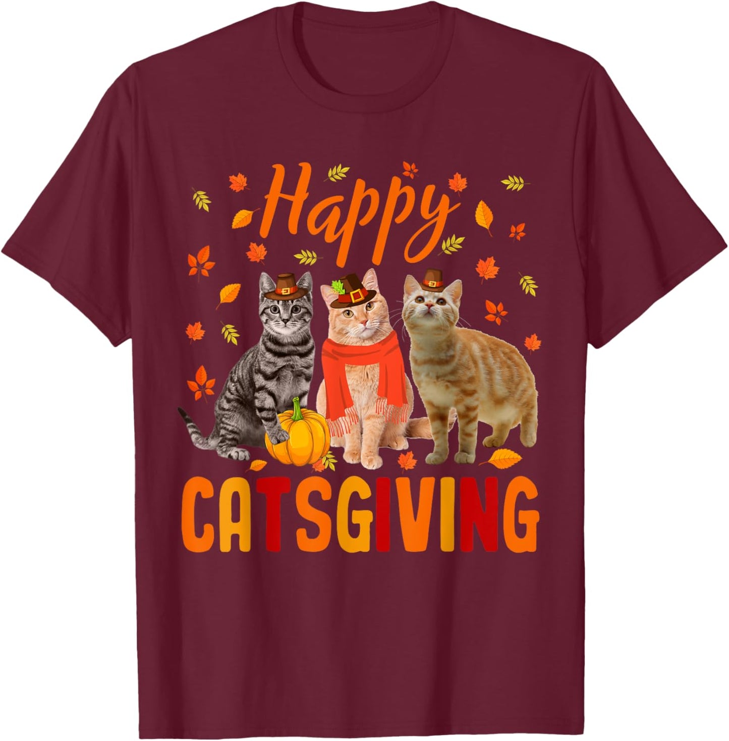 Happy Catsgiving Cute Thanksgiving Cat Wears Pilgrim Hat T-Shirt - T-Shirt | Maroon