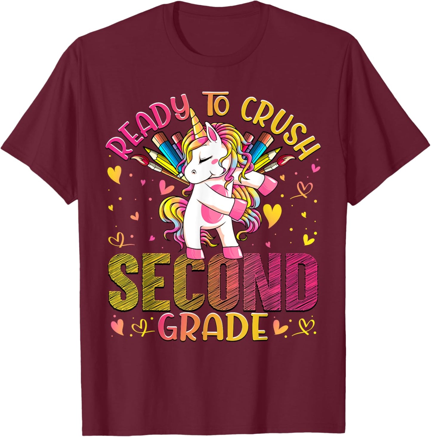 Ready to Crush Second 2nd Grade Back To School Unicorn Kids T-Shirt - T-Shirt | Maroon