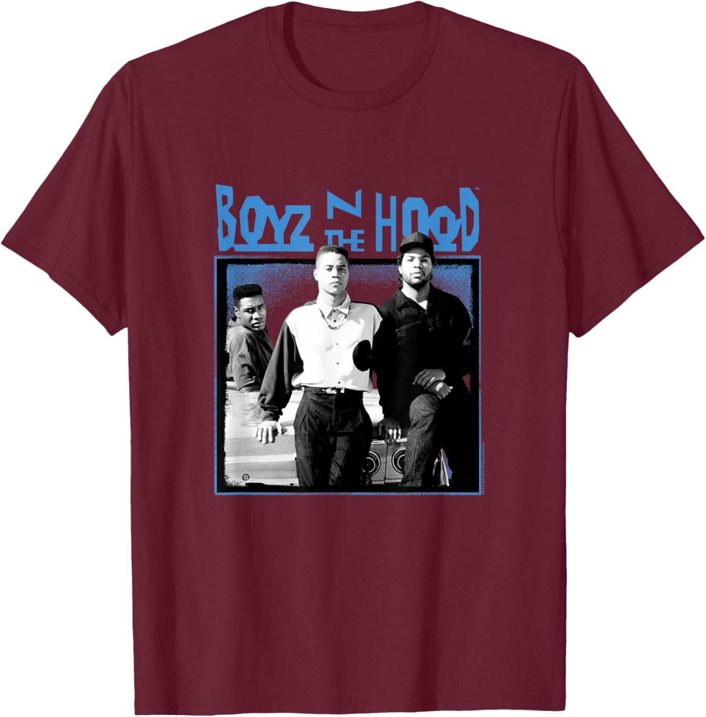 Boyz n The Hood Group with Blue Logo Small T-Shirt - T-Shirt | Maroon