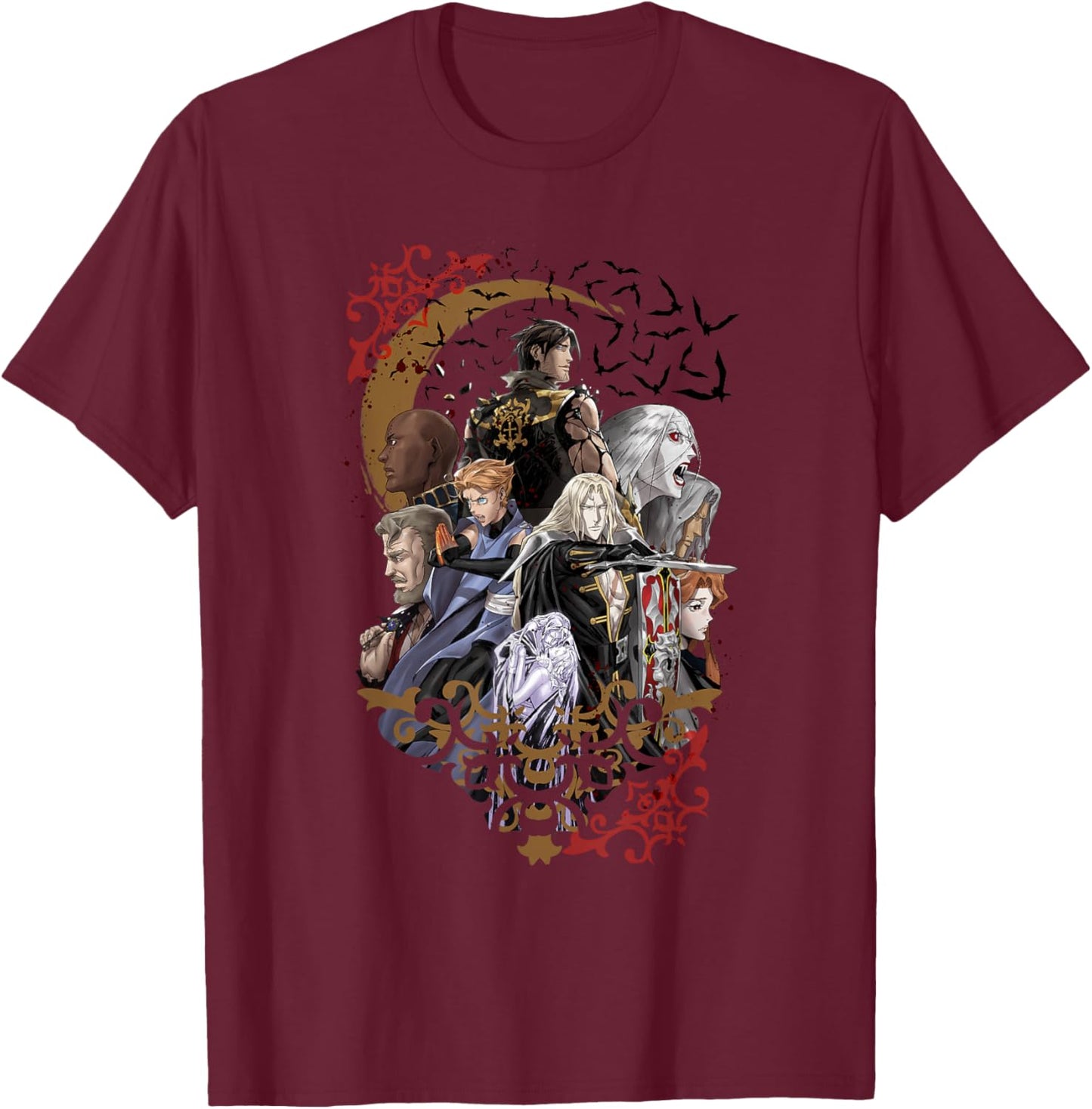 Castlevania Group Sticker T-Shirt - T-Shirt | Maroon