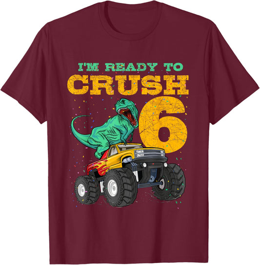 6th Birthday Monster Truck Dino 6 Years Old Bday T-Shirt - T-Shirt | Maroon