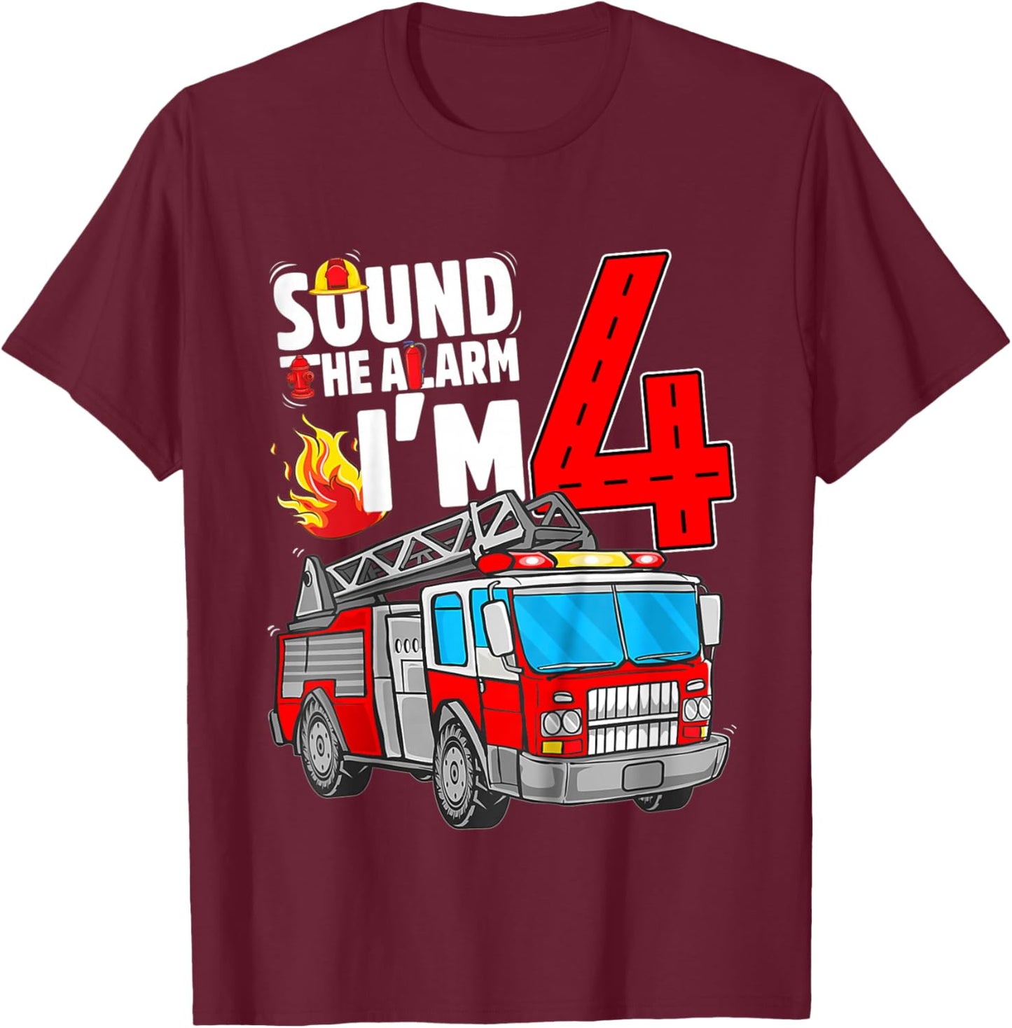Kids Fire Truck 4th Birthday Boy Firefighter 4 Year Old T-Shirt - T-Shirt | Maroon