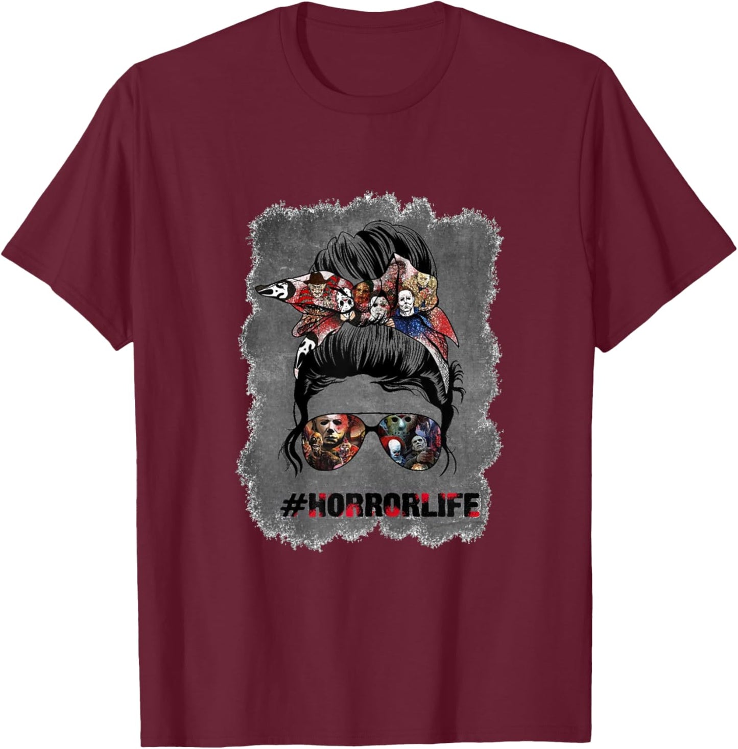 Messy Bun Horror Life Mom Halloween T-Shirt - T-Shirt | Maroon