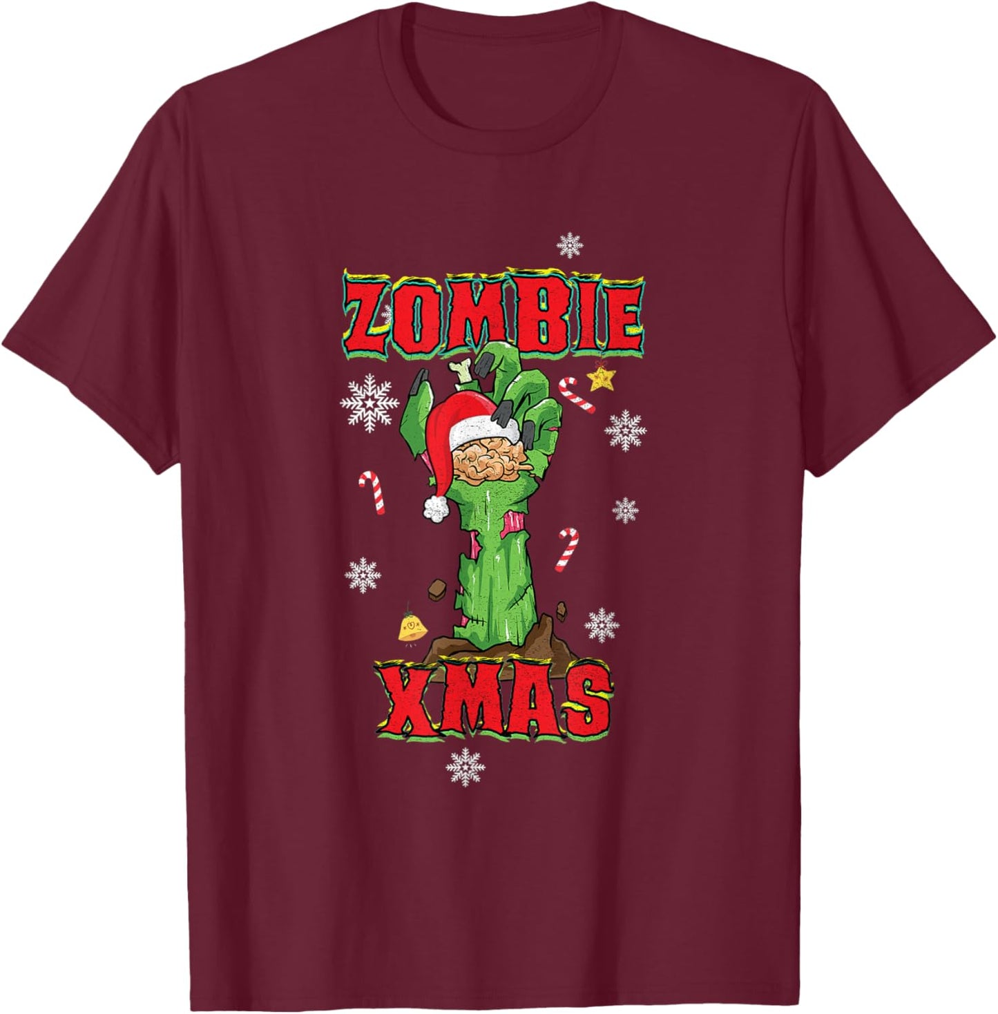 Zombie Xmas Merry Halloween Christmas Brains Zombie Hand T-Shirt - T-Shirt | Maroon