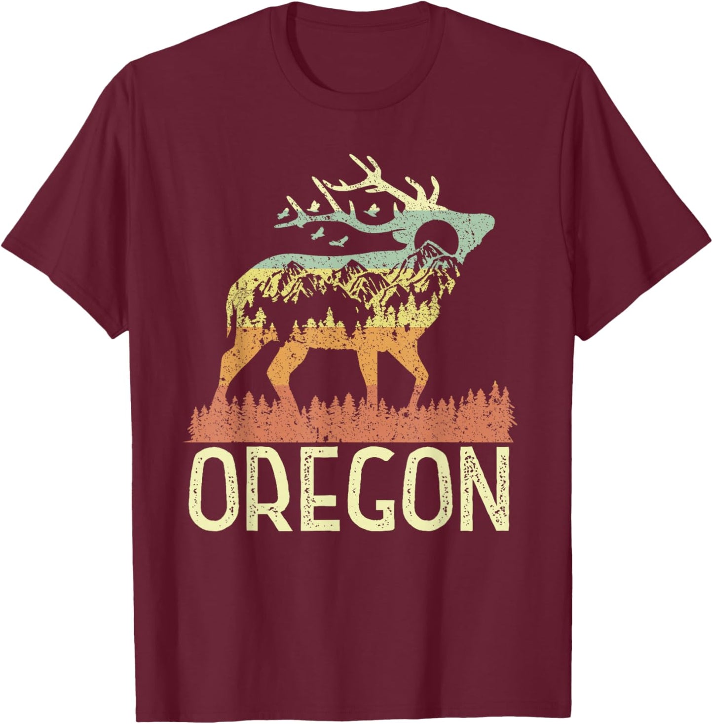 Oregon Retro Mountain Vintage Elk Hiking Men Women T-Shirt - T-Shirt | Maroon