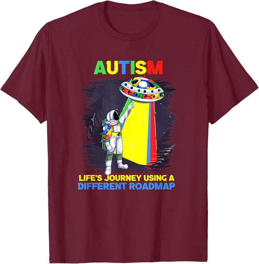Cute Autism Astronaut Flying Saucer Life's Journey T-Shirt - T-Shirt | Maroon