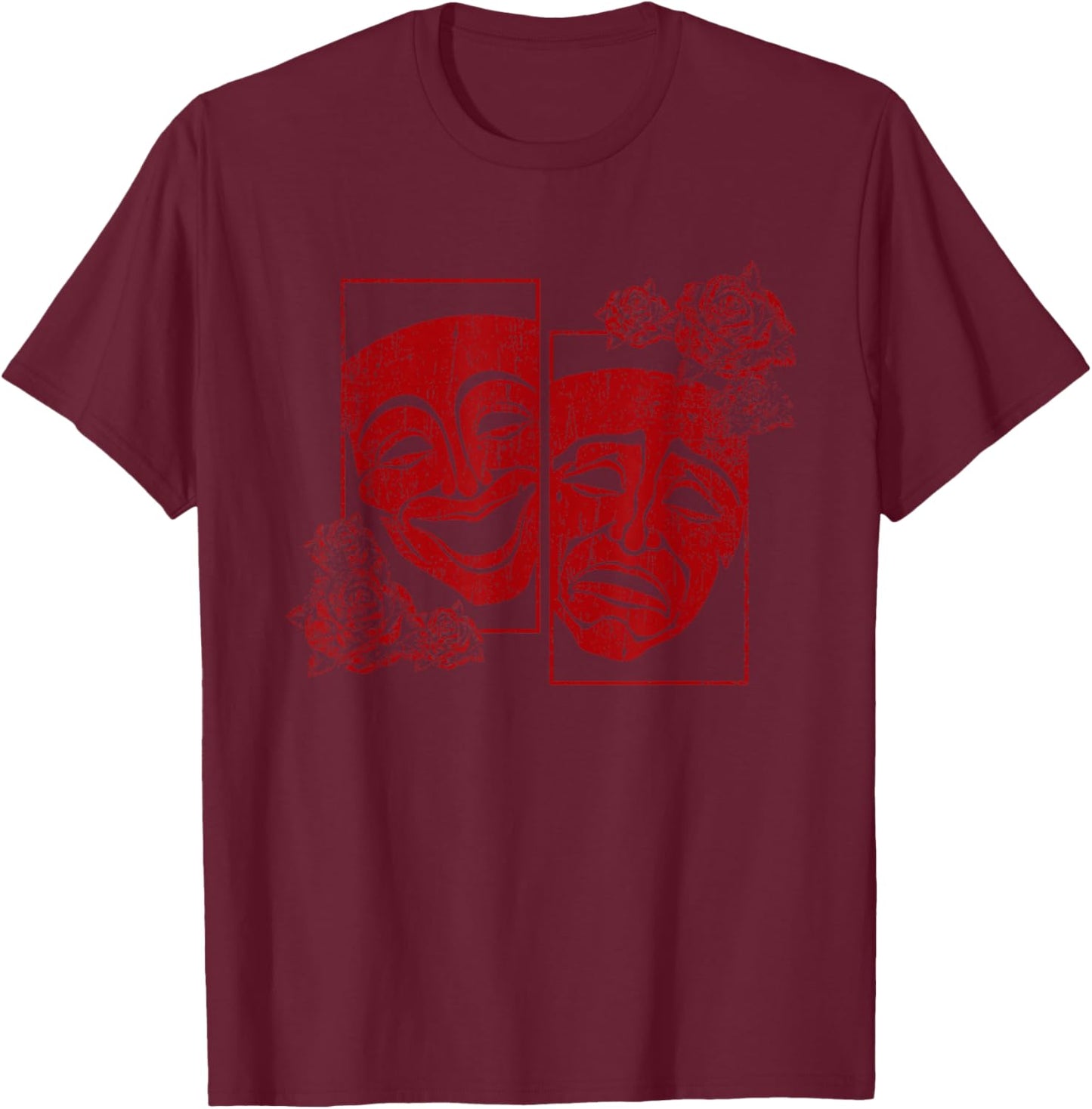 Theatre Mask Drama Comedy Soft Grunge Red Roses Aresthetic T-Shirt - T-Shirt | Maroon