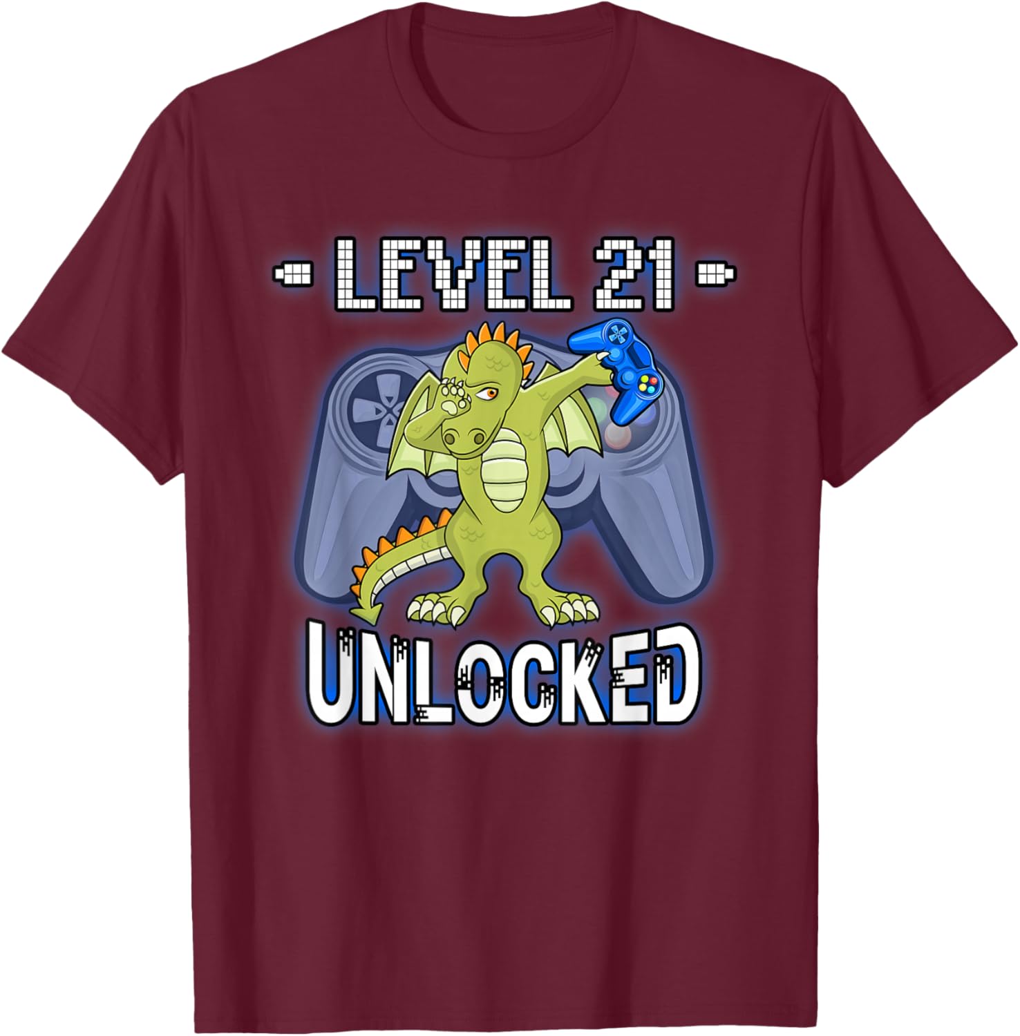 Level 21 Unlocked - Funny Dabbing Dragon Gamer 21st Birthday T-Shirt - T-Shirt | Maroon