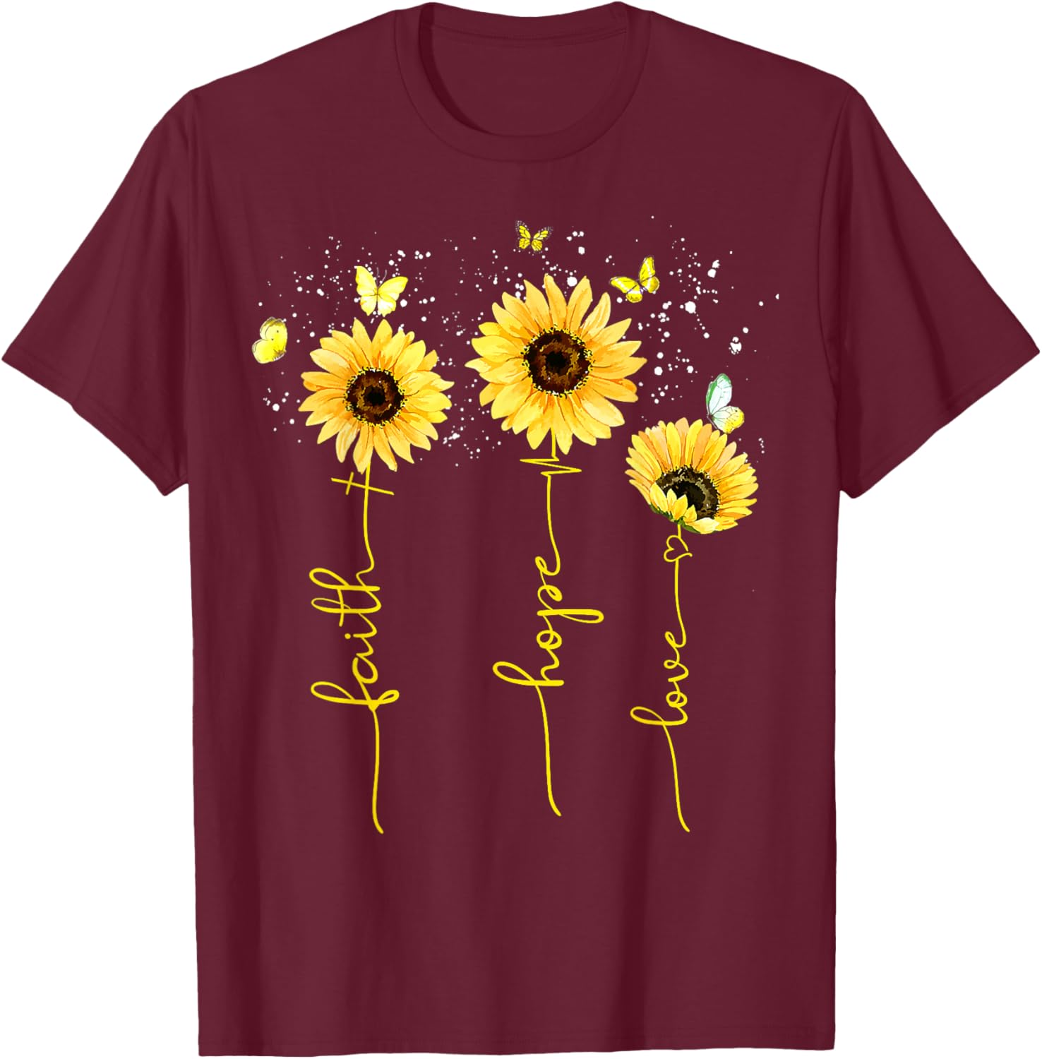 Vintage Faith Cross Hope Love Sunflower Butterfly Christian T-Shirt - T-Shirt | Maroon