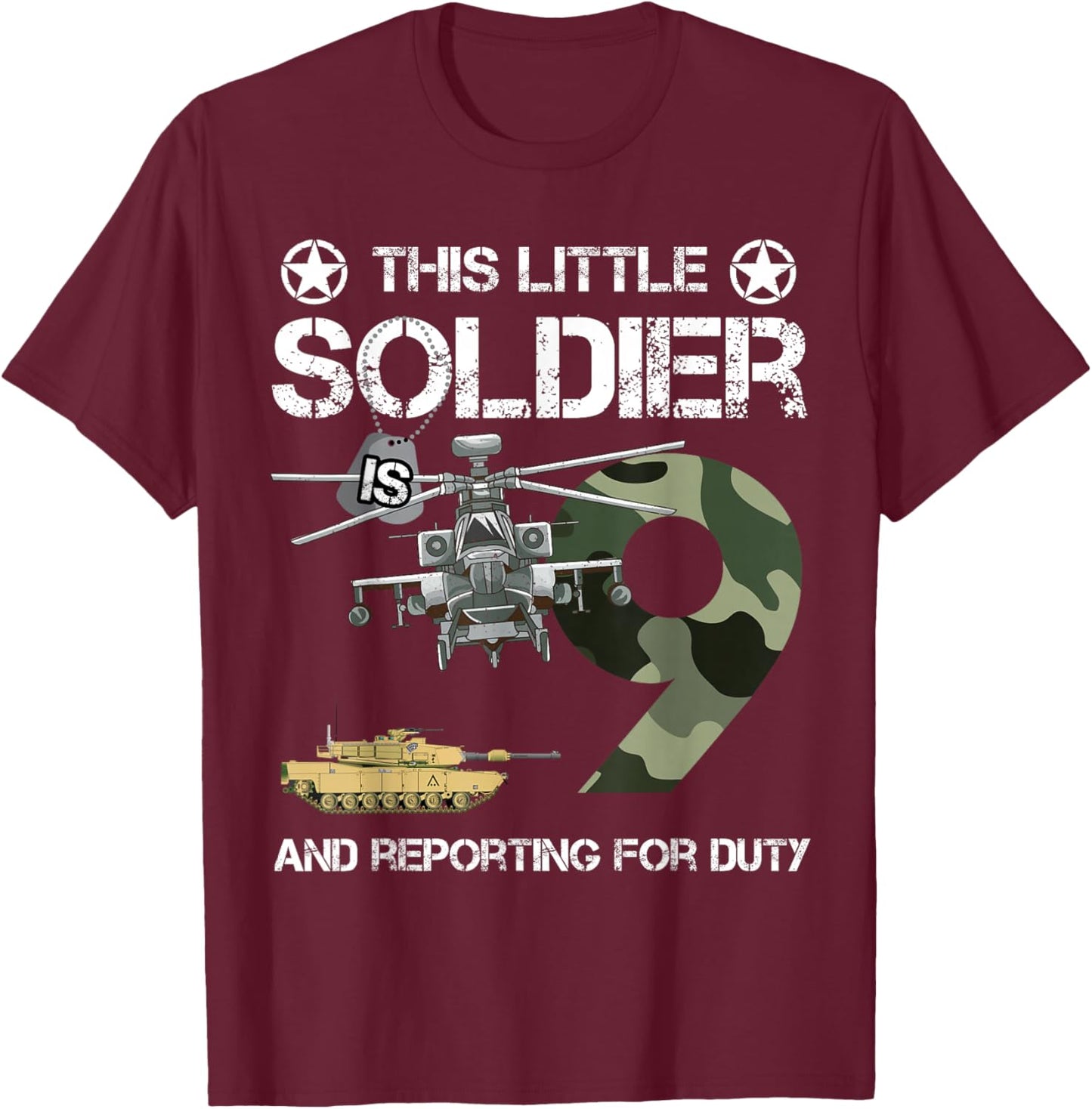 9 Year Old Soldier Camo Army Birthday Themed Military Family T-Shirt - T-Shirt | Maroon