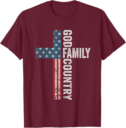 God Family Country - Patriotic Freedom Christian USA Cross T-Shirt - T-Shirt | Maroon