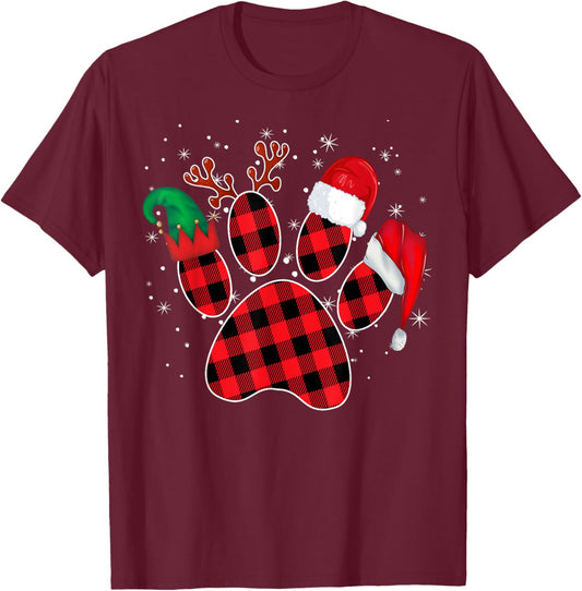 Dog Paws Christmas Buffalo Plaid Paw Santa Elf Reindeer Fun Women Kids T-Shirt - T-Shirt | Maroon