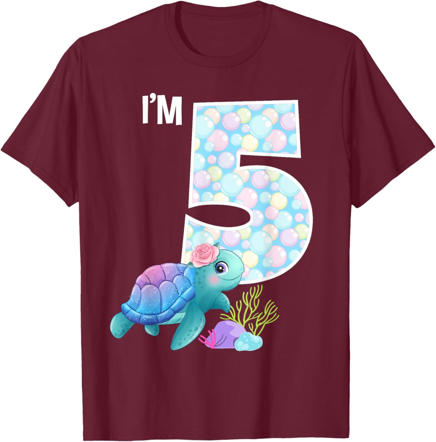 Sea Turtle Birthday I'm 5 Ocean Aquarium Theme 5th Birthday T-Shirt - T-Shirt | Maroon