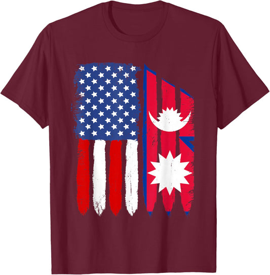 Distressed Retro USA American Nepal Flag Patriotic Kids Men T-Shirt - T-Shirt | Maroon