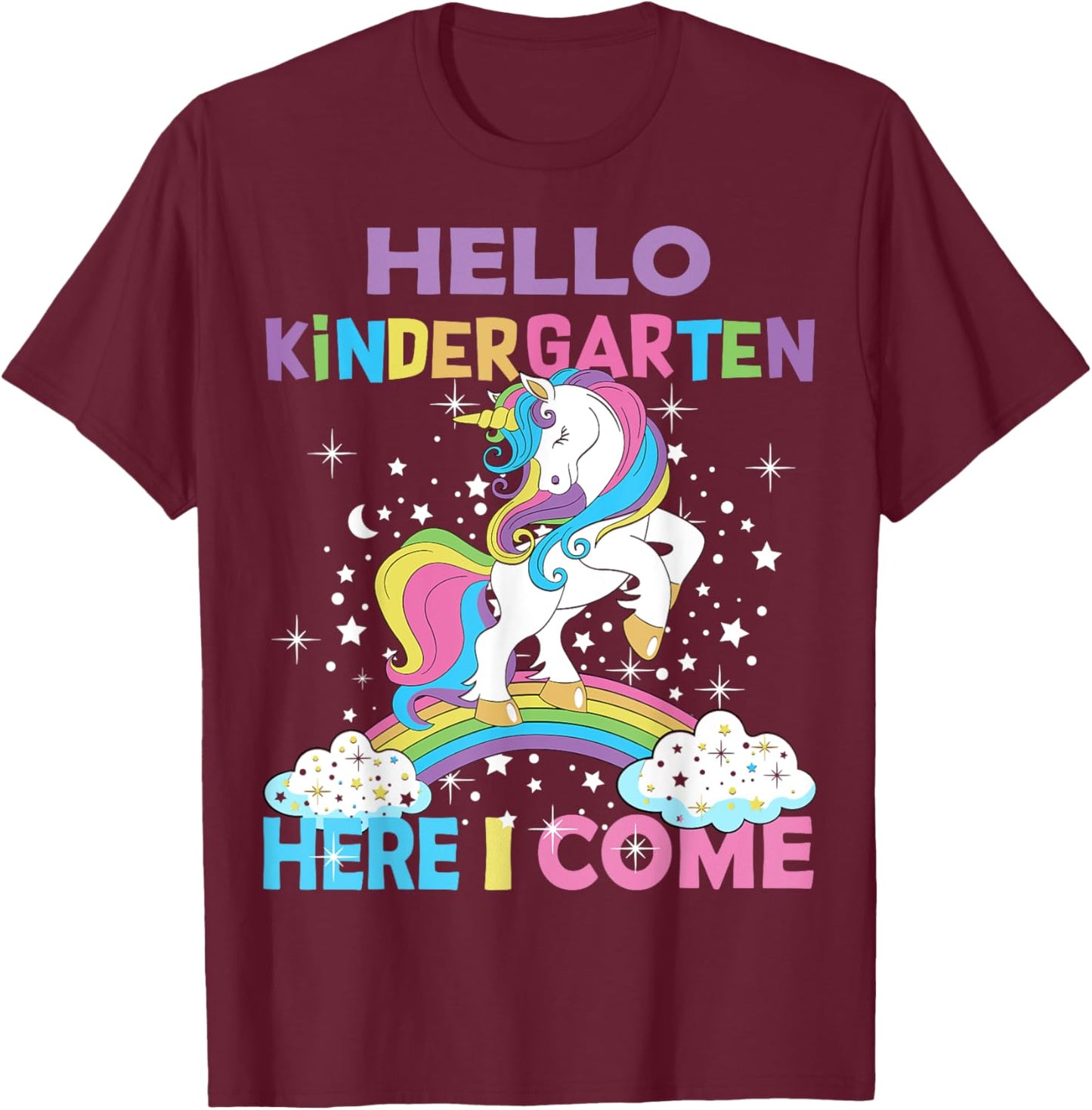 Unicorn Kindergarten Here I Come Hello Kindergarten Girls T-Shirt - T-Shirt | Maroon